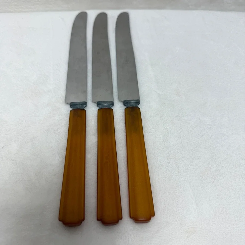 VTG Butterscotch Bakelite Handle Dinner Knives Art Deco‎ Stainless Set of 3 MCM